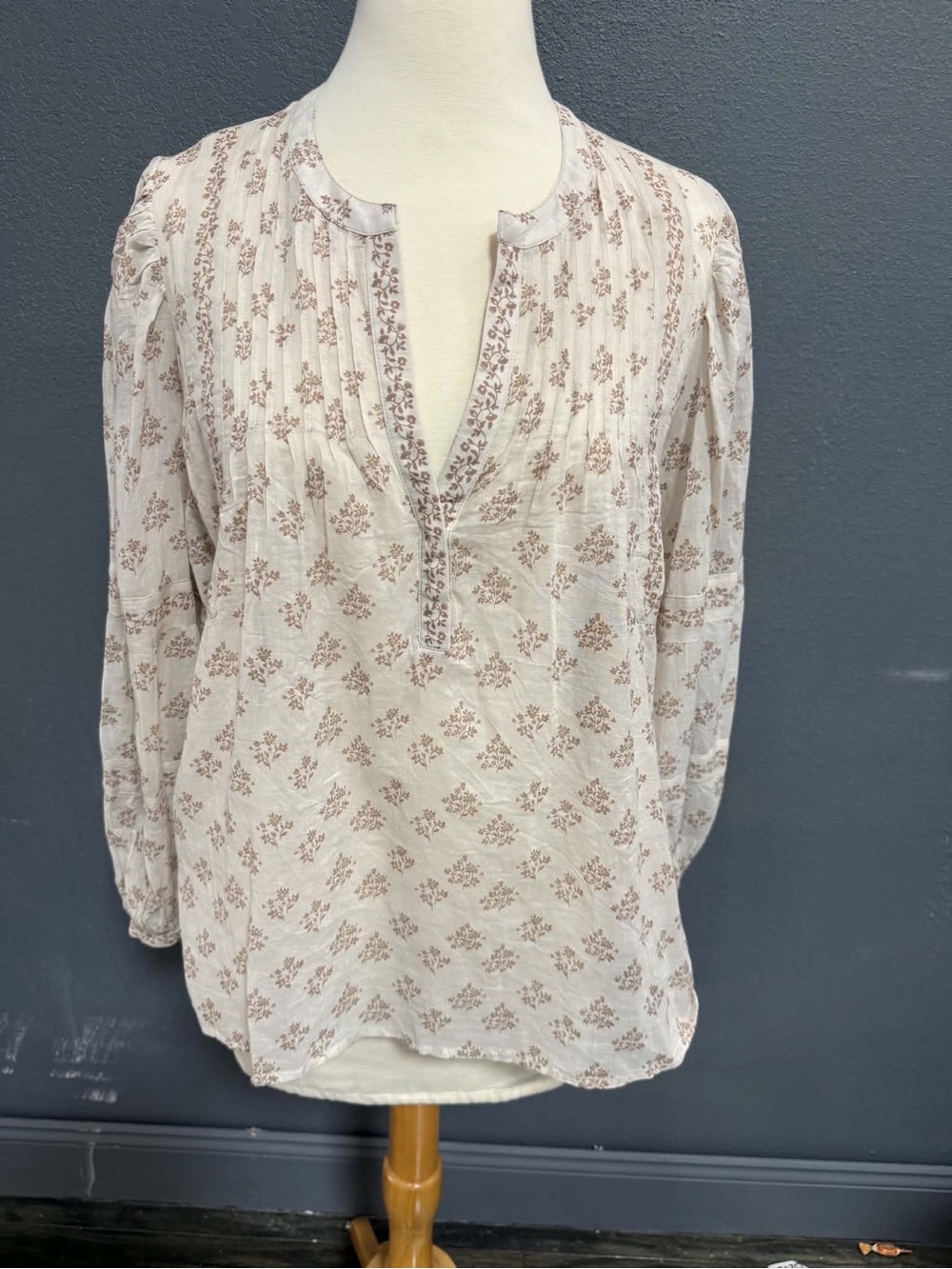 Aqua Cream Blouse with Taupe Floral Print